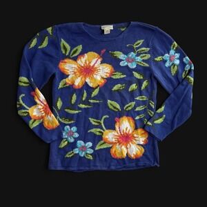 Vintage Belle Isle Blue Floral Knit Sweater Ramie Cotton 90s Cottagecore Medium